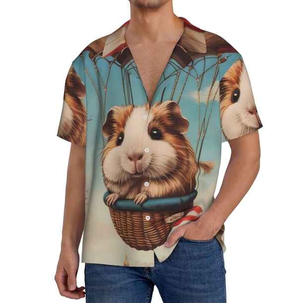 Fotbe Hot Air Balloon Guinea Pig Camisa Estampada de Manga Corta para Hombre, Casual de Verano, Estilo Playero, Sin Arrugas-XX-Large
