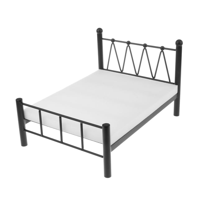Muebles de metal en miniatura Bloques de construcción Mini muebles para bebés 1/6 Blythe Doll & Dollhouse Ki Cama Doble Negra Sunnimix Cama de dormitorio de muñeca