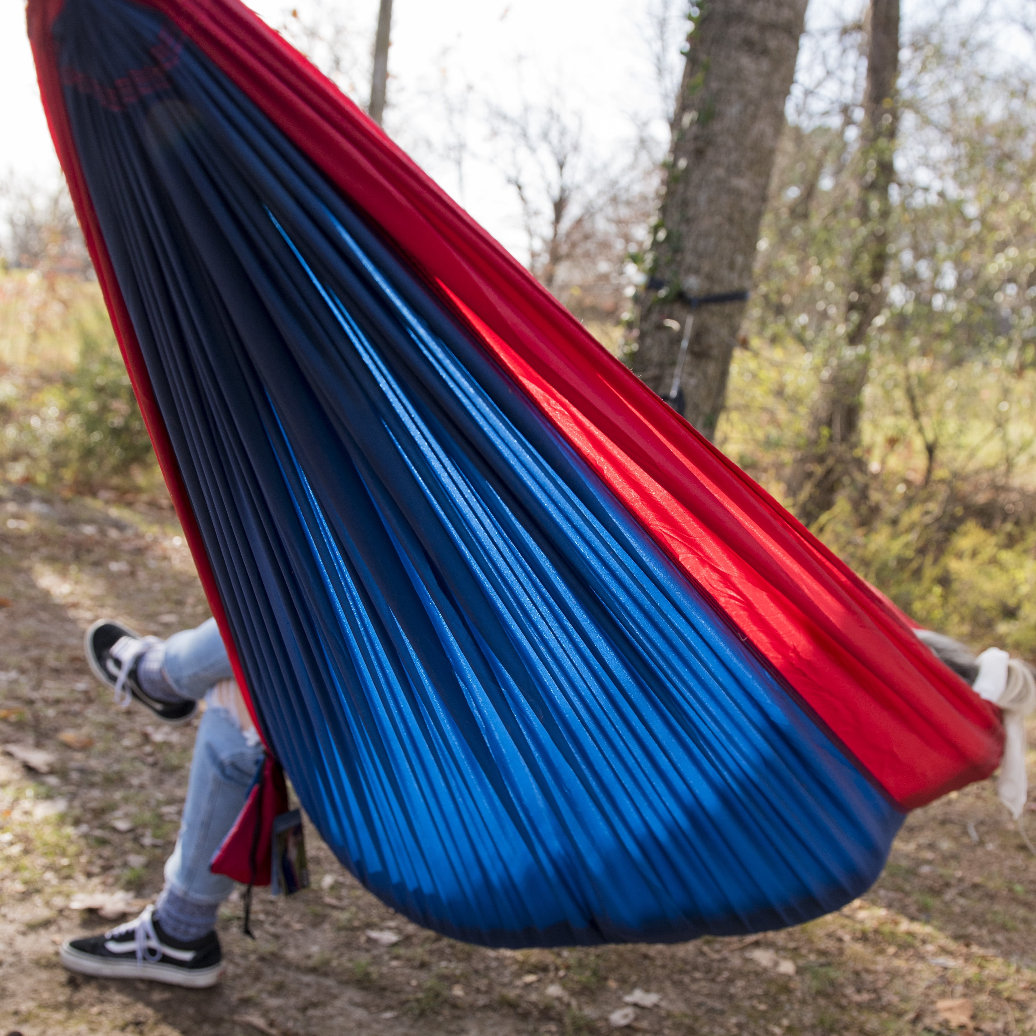 EQUIP  Red and Navy Nylon Tree Hammock,, Open Size 116" L x 59" W