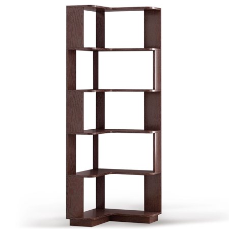 S-HOME Versatile 6 Tier Corner Bookshelf Freestanding Organizer With Anti-Tip Device For Living Room And Bedroom Ox Blood Red