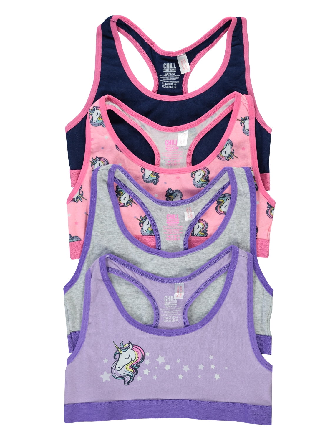 Fun Unicorn Girls Training Bras Crop Tops 4Pack Size XL (16