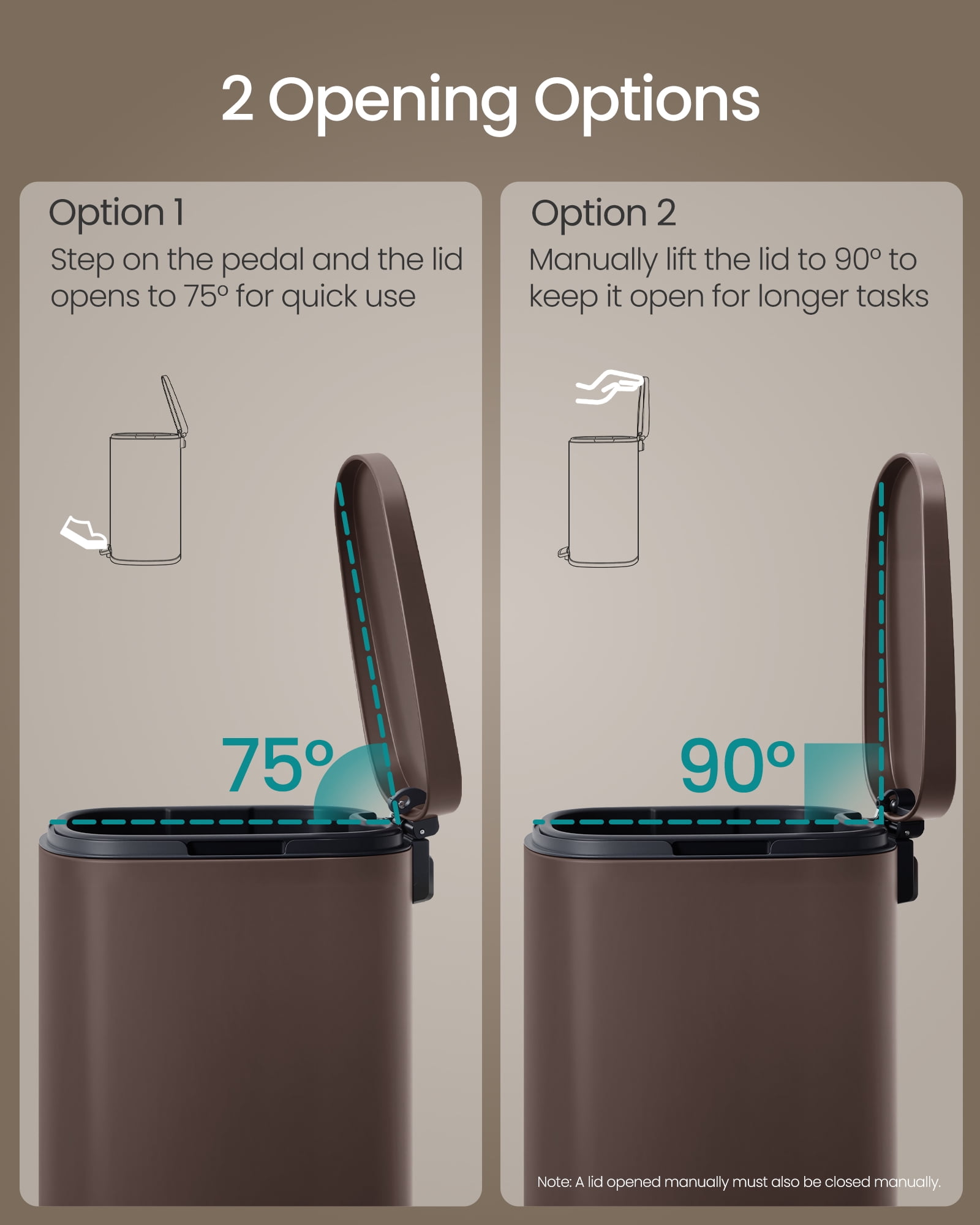 SONGMICS 20-Gallon (75 L) Trash Can, Stainless Steel Kitchen Garbage Can, Soft Close, Step-On Pedal, Removable Inner Bucket, Brown