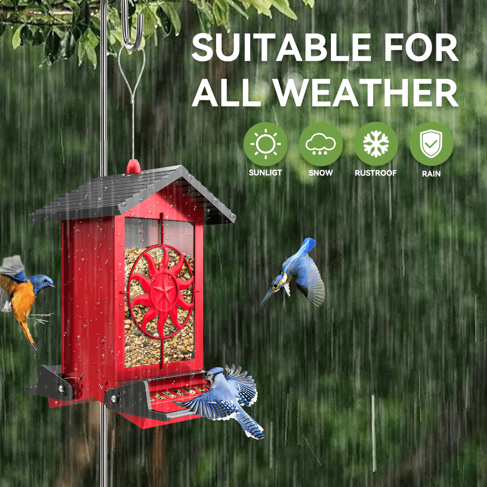 Squirrel Proof Bird Feeder for Outdoors Hanging, Metal Wild Bird Seed Feeder with Bilateral Weight-Activated Perches, 5LB Large Capacity Wild Bird Feeders for Outside Finch, Cardinal, Blue Jay