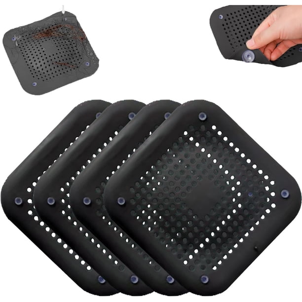 Tapones de Drenaje de Silicona Cuadrados Con Ventosa, Tapa del Desagüe, Para Drenaje de Pelo, Para Baño, Cocina, Bañera, Filtro (Negro)