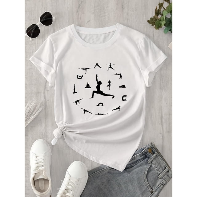 Women's Soft 100% Cotton Yoga Graphic Tee - Short Sleeve, Black with White Yoga Pose Print, Casual & Comfortable Activewear for Spring/Summer, Summer Tshirt | Artistic Print Top | Relaxed Fit Top