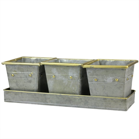Melrose Set of 3 Decorative Gray Square Pots with Gold Colored Accents in a Tray 15.5"
