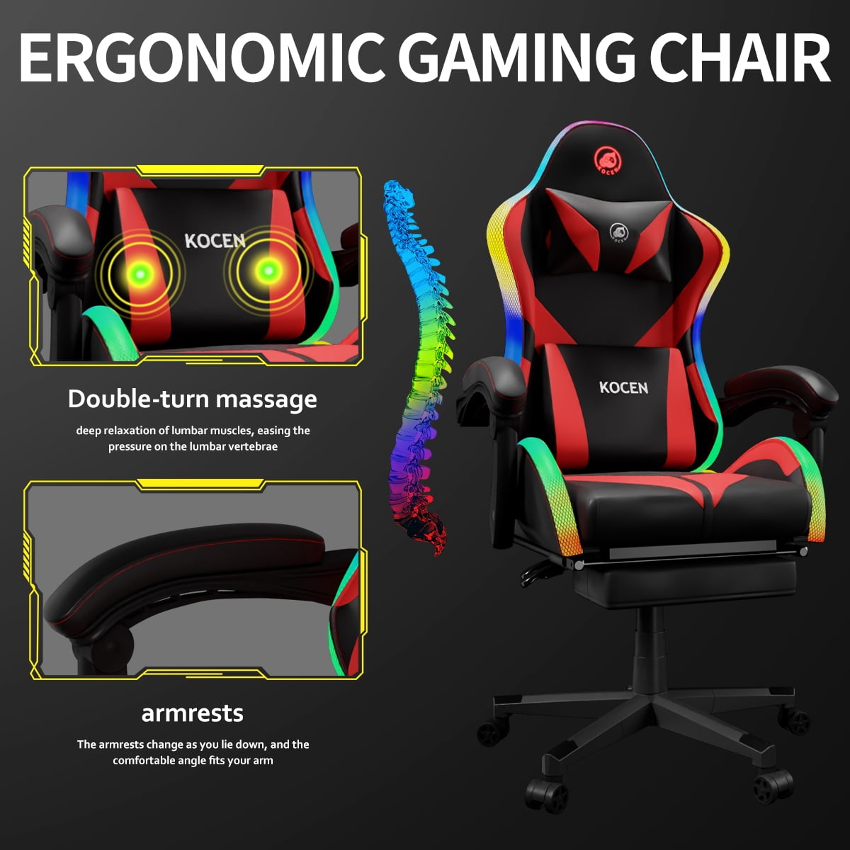 KOCEN Tall and large adult Gaming Chair , Racing Style RGB LED Light Adult Gaming Chairs, Equipped With Lumbar Massager, High Back Adjustable Recliner, With Footrest AndHeadrest.