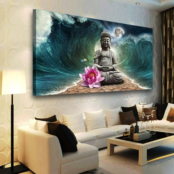 Aaheei Canvas Wall Art Buddha Pictures Home Decor Grey Zen in The Background of Moon and Waves Poster Prints Painting for Living Room Bedroom Bathroom Kitchen Office Decoration Hindu Artwork