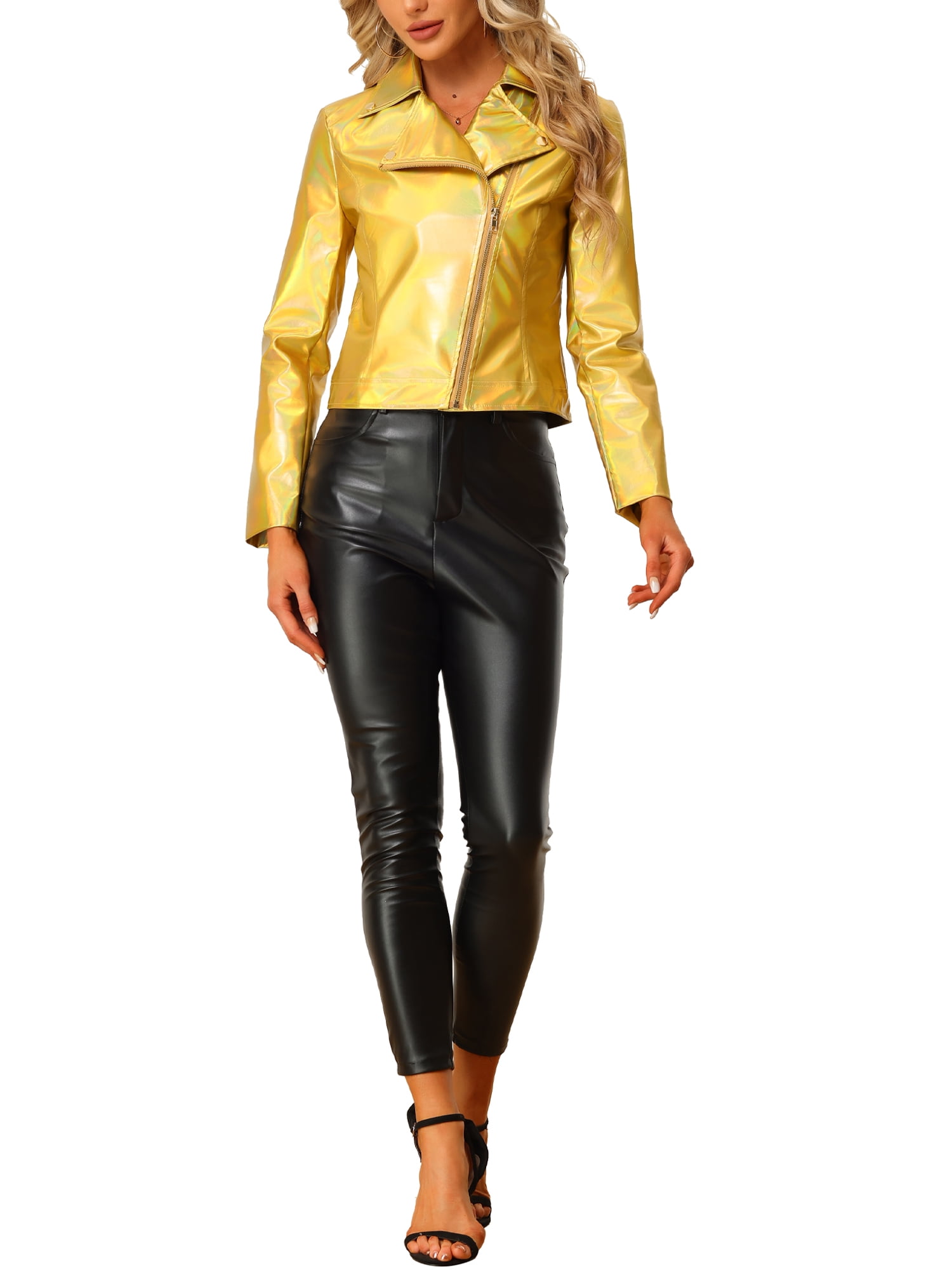 INSPIRE CHIC Women's Holographic Shiny Zipper Biker Metallic Jackets M Gold