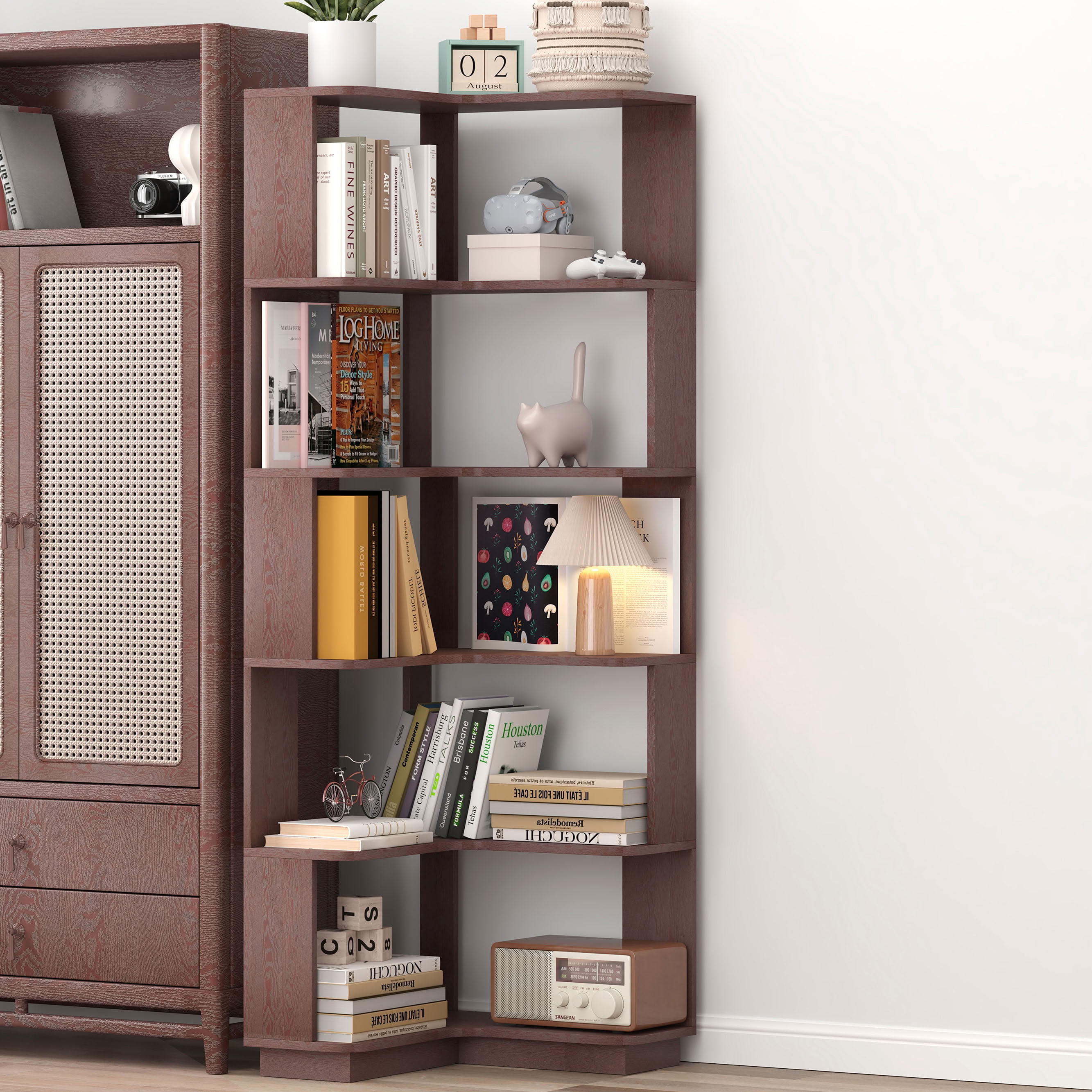 MAYEERTY 6 Tier L-Shaped Open Corner Bookshelf, Freestanding Wooden Bookcase with Anti-Fall Baffle & Anti-Tipping Device, for Living Room Bedroom Home Office Small Spaces