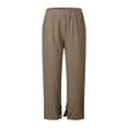 thumbnail image 4 of Linen Pants for Women Petite Wide Leg Baggy Elastic Waist Flowy Palazzo Casual Pants with Pockets Beach Travel Trousers Pull On Khaki L, 4 of 6