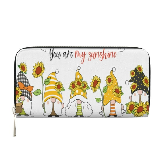 Leather Zipper Pocket Hand Wallet For Women And Men Travel Leather Purse Large Capacity Credit Card Holder Sunfower Gnome For Spring Summer