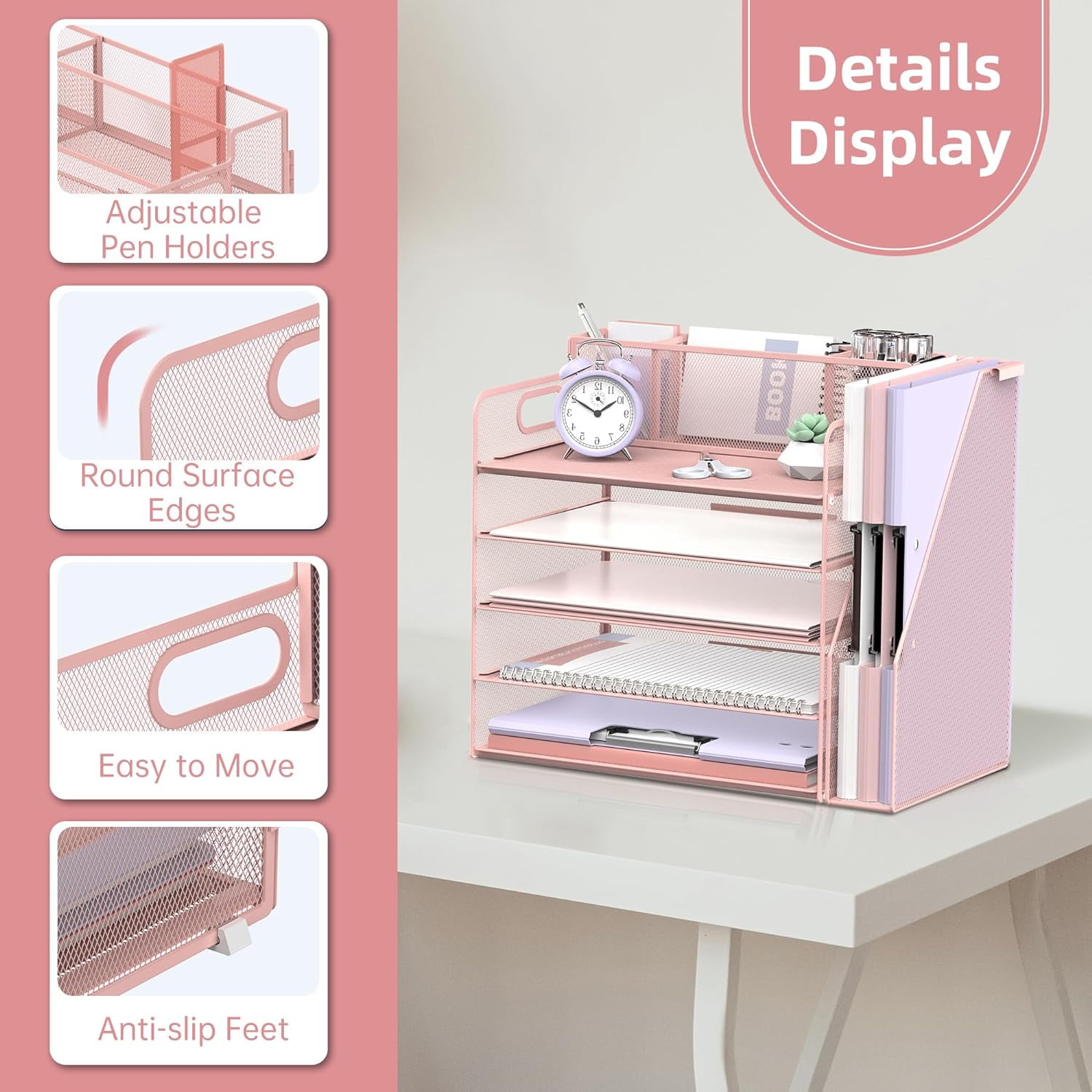 INTIGE 5 Tier Metal Desk File Organizer with File Rack and Pen Holders, Pink, 1 Pcs
