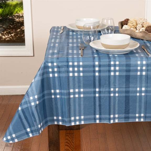 Everyday Luxuries Waterproof Square Fitted Tablecloth 52 x 52 Inch Stain and Wrinkle Resistant | Decorative 3.6 gauge Blue Atlantic Plaid Vinyl Table Cover for Indoor Outdoor Seating & Occasions.