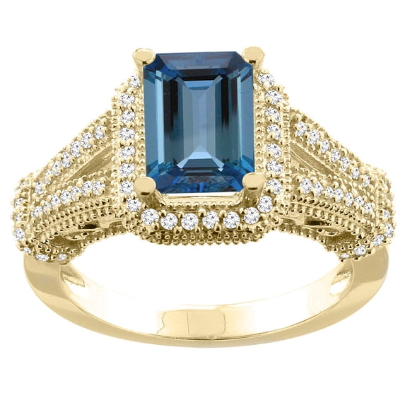 10K Yellow Gold Natural London Blue Topaz Ring Octagon 8x6mm Diamond Accent, size 10