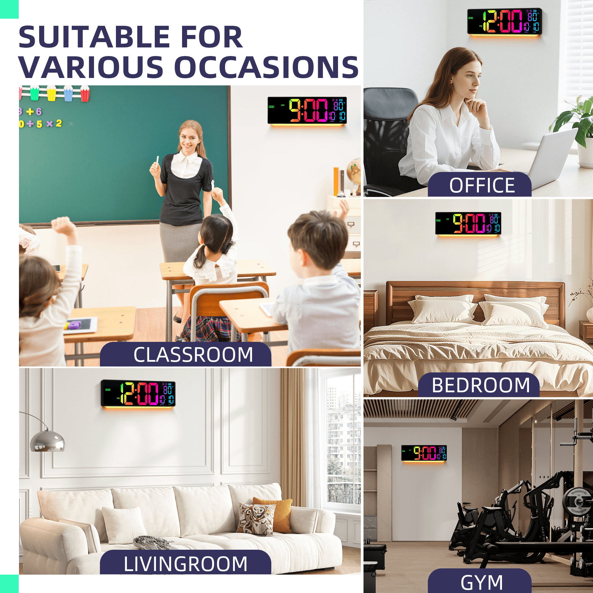 16.5" Large Digital Wall Clock: 11 RGB Color LED Display with Remote Control, Auto DST, Temperature & Date - Big Number Wall Clock for Seniors, Classroom, Office, Gym, Home Decor, Black