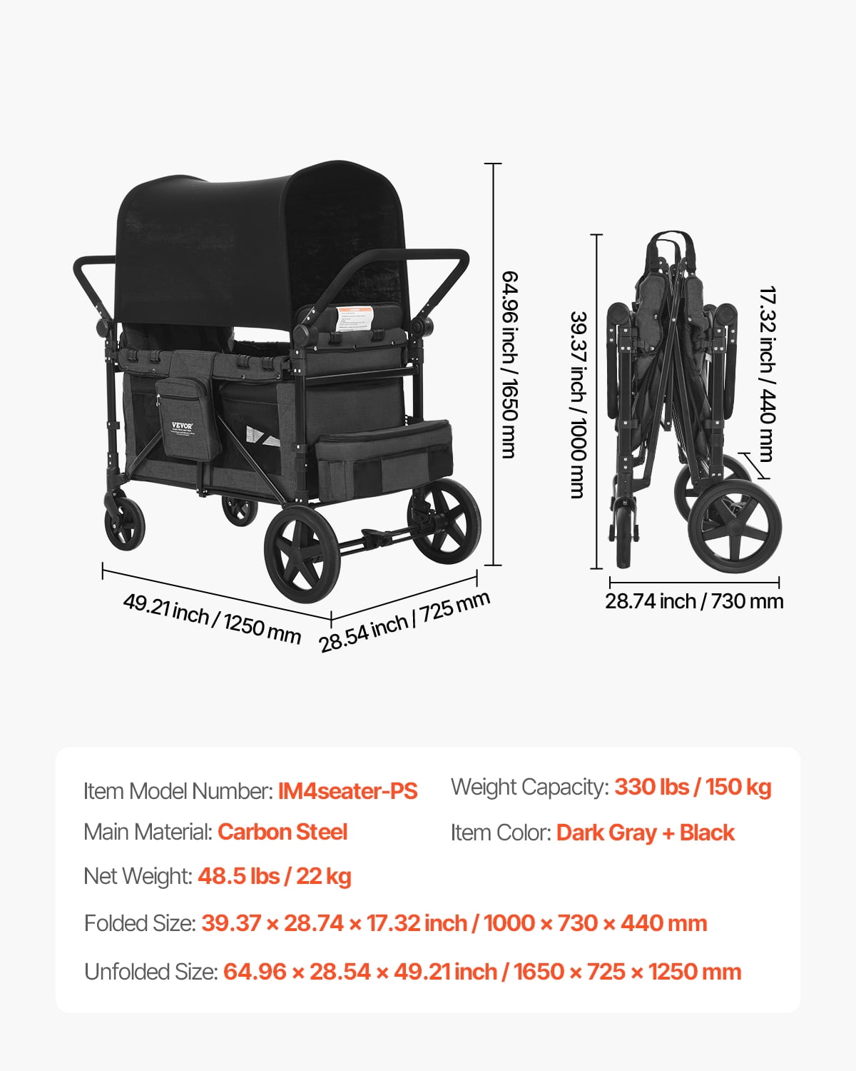VEVOR Wagon Stroller for 4 Kids, Push Pull Quad Collapsible Stroller with Adjustable Handle, Safety Harness & Removable Canopy, 4-Seater Stroller Wagon for Camping, Dark Gray & Black (330LBS Loading)