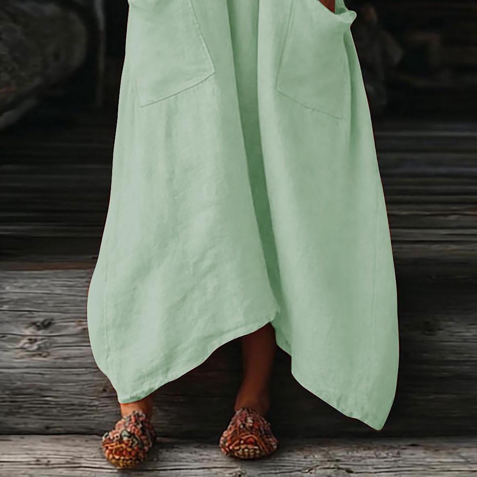 Dresses for Women, Womens Casual Loose Cotton Linen Long Shirt Dress, V-Neck Cuffed Sleeve Side Split Dresses with Pockets