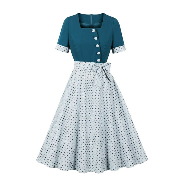 Sentmoon Robe à Manches Courtes pour Femmes Col Rond Grande Taille Robes Formelles pour Femmes Été 2026 Coupe Régulière Patchwork Extensible Robe Bohème pour Détente et Relaxation Bleu Ciel TTG