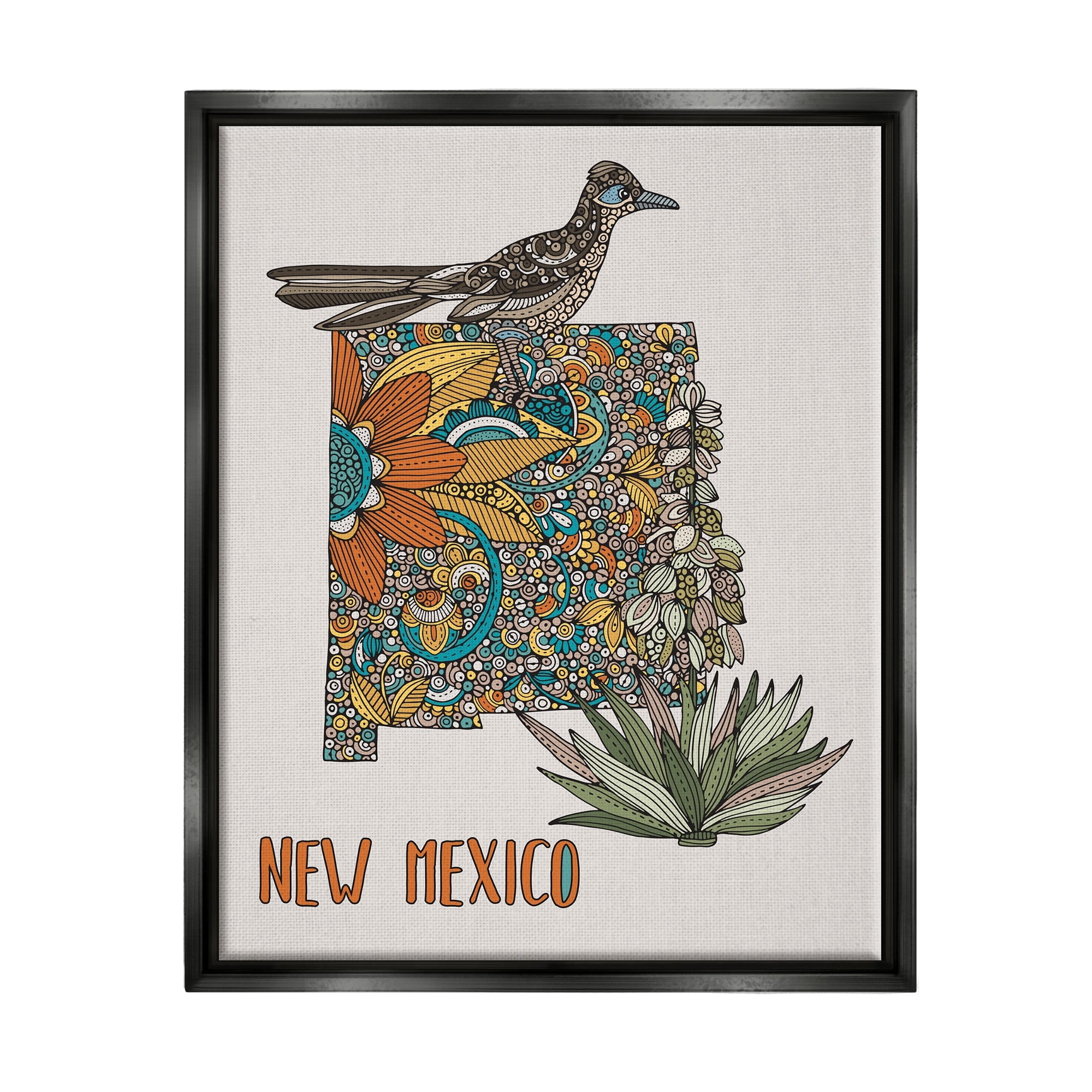 Stupell Industries Intricate New Mexico Yucca & Roadrunner Floral Bird Graphic Art Luster Gray Floating Framed Canvas Print Wall Art, Design by Valentina Harper