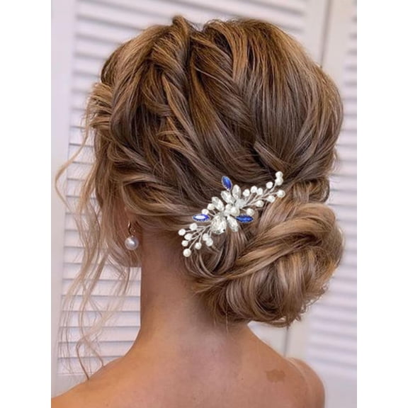 Silver Wedding Hair Comb Blue Crystal Bridal Headpiece Pearl Rhinestone Hair Accessorie for Women and Girls