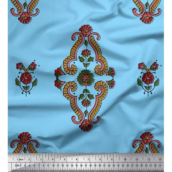 Soimoi Blue Velvet Fabric Leaves & Floral Block Print Fabric by the Yard 58 Inch Wide