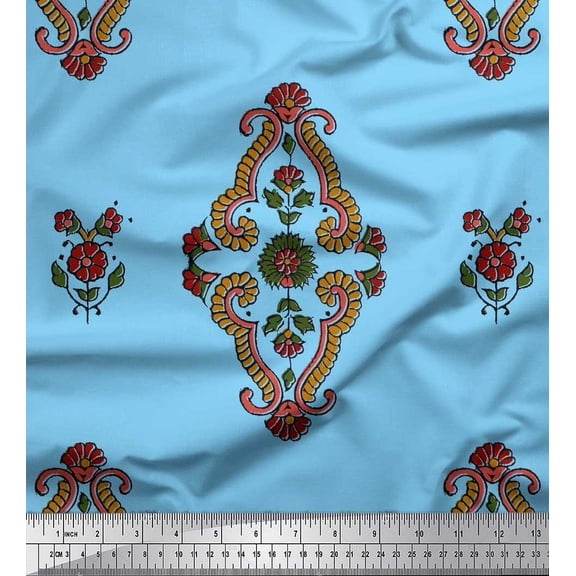 Soimoi Blue Cotton Voile Fabric Leaves & Floral Block Print Sewing Fabric Yard 42 Inch Wide