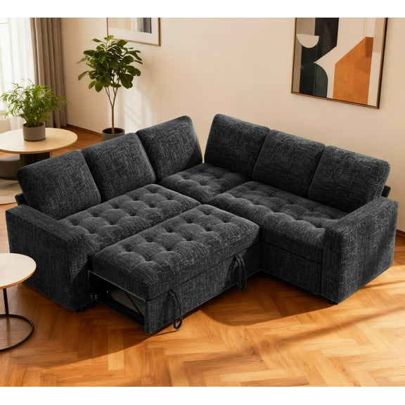 Convertible 5 Seat L-Shaped Sleeper Sofa Bed for Living Room with Pullout Bed, Adjustable Backrest, USB Port and Storage Seat Tool-free Assembly