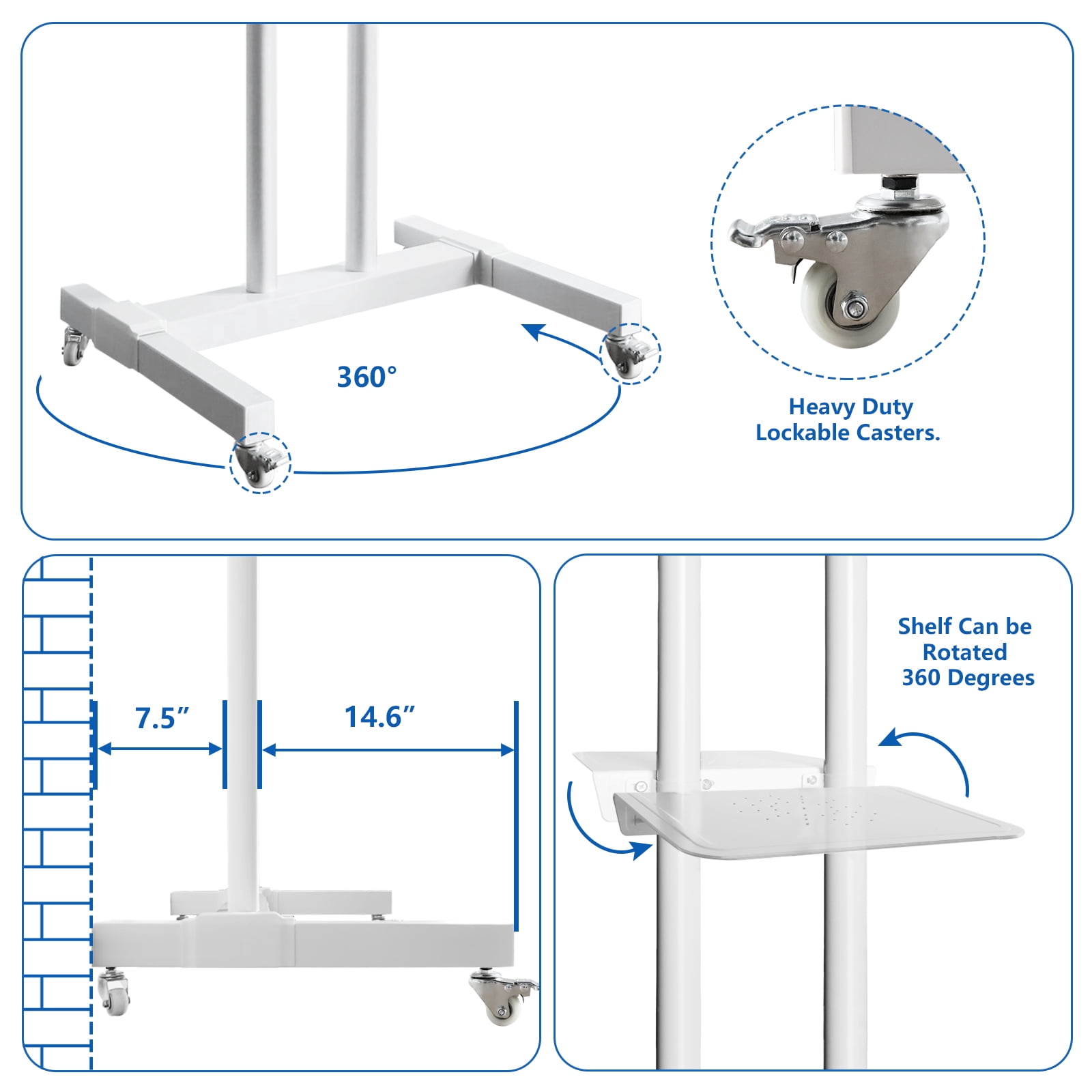RTVR Tall TV Stand with Wheels for 32 to 85 inch Flat Panel TVs Tilt Floor Trolley Stand Cart, Morden White Shelf