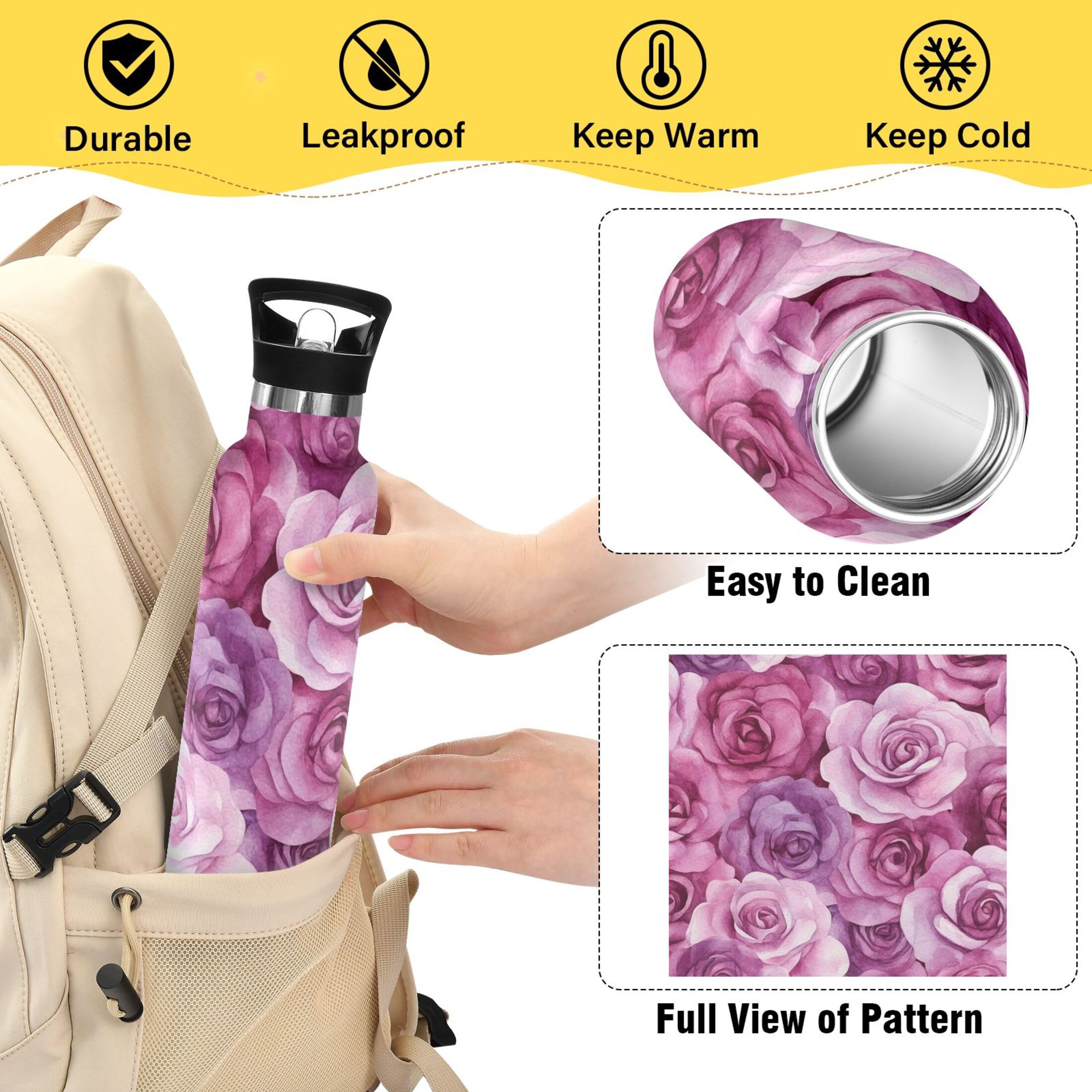 600ML Stainless Steel Insulated Cup Sports Water Bottle Portable Thermos Cup Water Glasses Insulated Tumblers Convenient and Durable Charming Beige Roses
