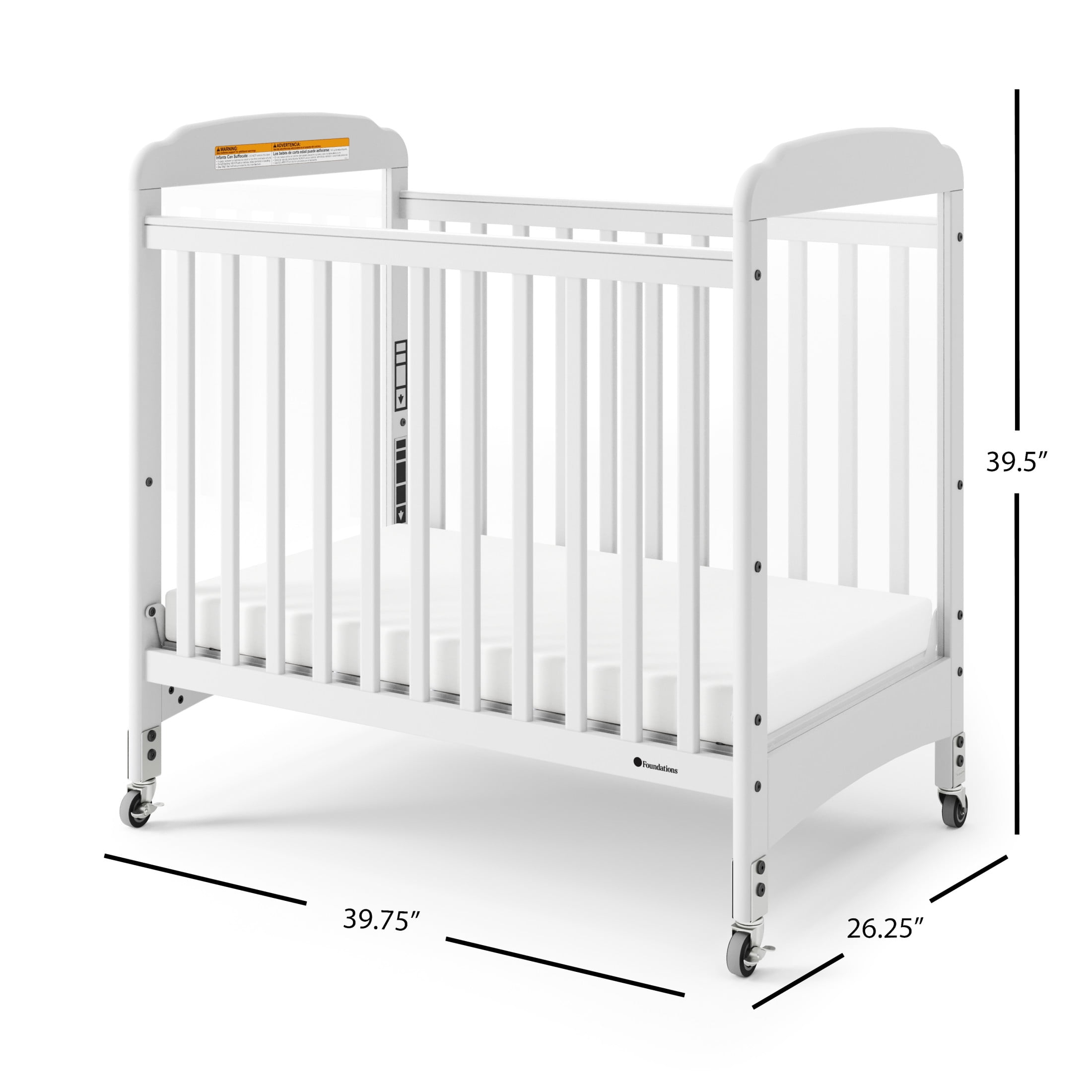 Foundations Serenity Clearview Compact Wood Crib with 3" Mattress, Fixed Side, Casters, White