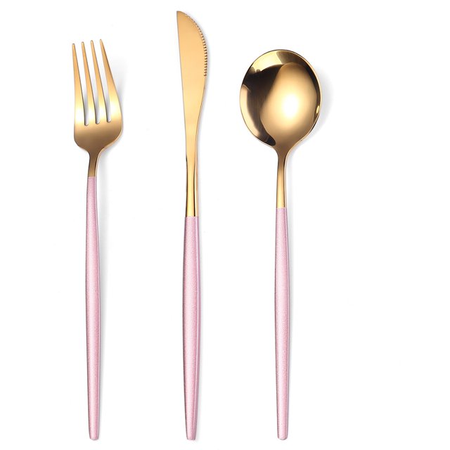 Ensemble de Couverts 3 Pcs 18/10 Acier Inoxydable Réutilisable Fourchettes Cuillères Couteaux, Ensemble de Couverts Poli Miroir, Idéal pour Réunions de Famille & Usage Quotidien (Or/rose)