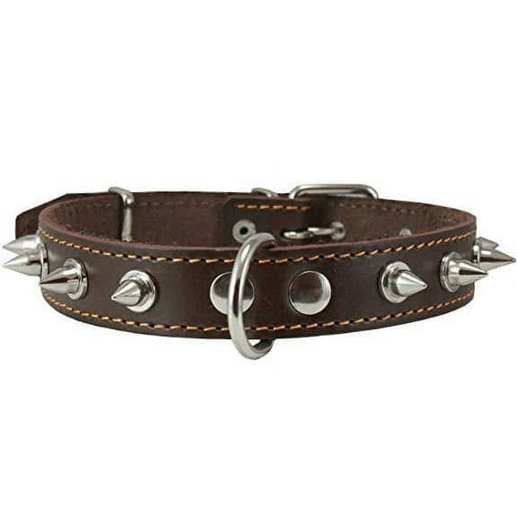 Real Leather Brown Spiked Dog Collar Spikes, 1" Wide. Fits 14"-17" Neck, Medium Breeds