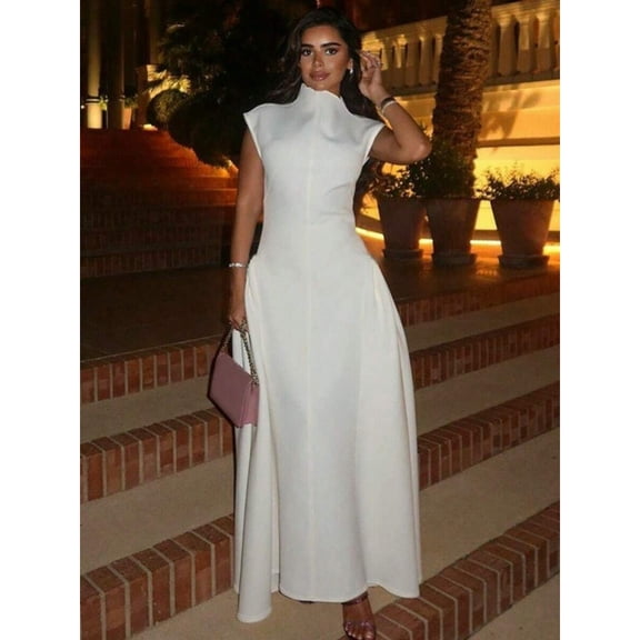 White Sleeveless High-Neck Fitted Pleated Maxi Dress For Women