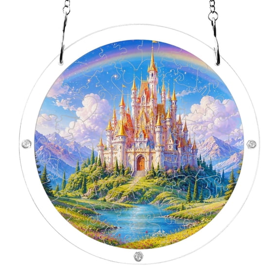 Fantasy Castle Rainbow Flower Fields River Acrylic Jigsaw Puzzles 83 Pieces Suncatcher for Window Hanging 7.5 Inch Holiday Home Decor