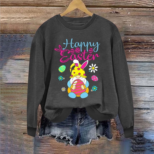 Jsaierl Chandails de Pâques Joyeuses pour Femmes, Pulls Tendance à Imprimé Graphique de Lapin, Manches Longues Décontractées, Col Rond
