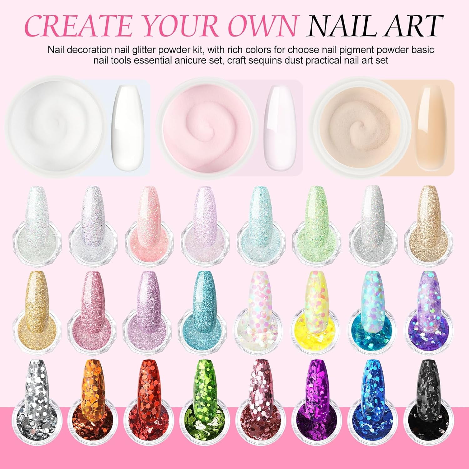 NeoMart - Acrylic Nail Kit with Drill and U V Light, Professional Nail Kit Acrylic Set for beginners with Everything 3PC Powder 24PC Glitter Fake Tips Decoration Nails Set DIY Home Salon
