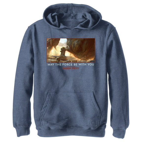 Boy's Star Wars: The Book of Boba Fett Grogu Taming the Rancor May the Force be With You Pull Over Hoodie Navy Blue Heather Medium