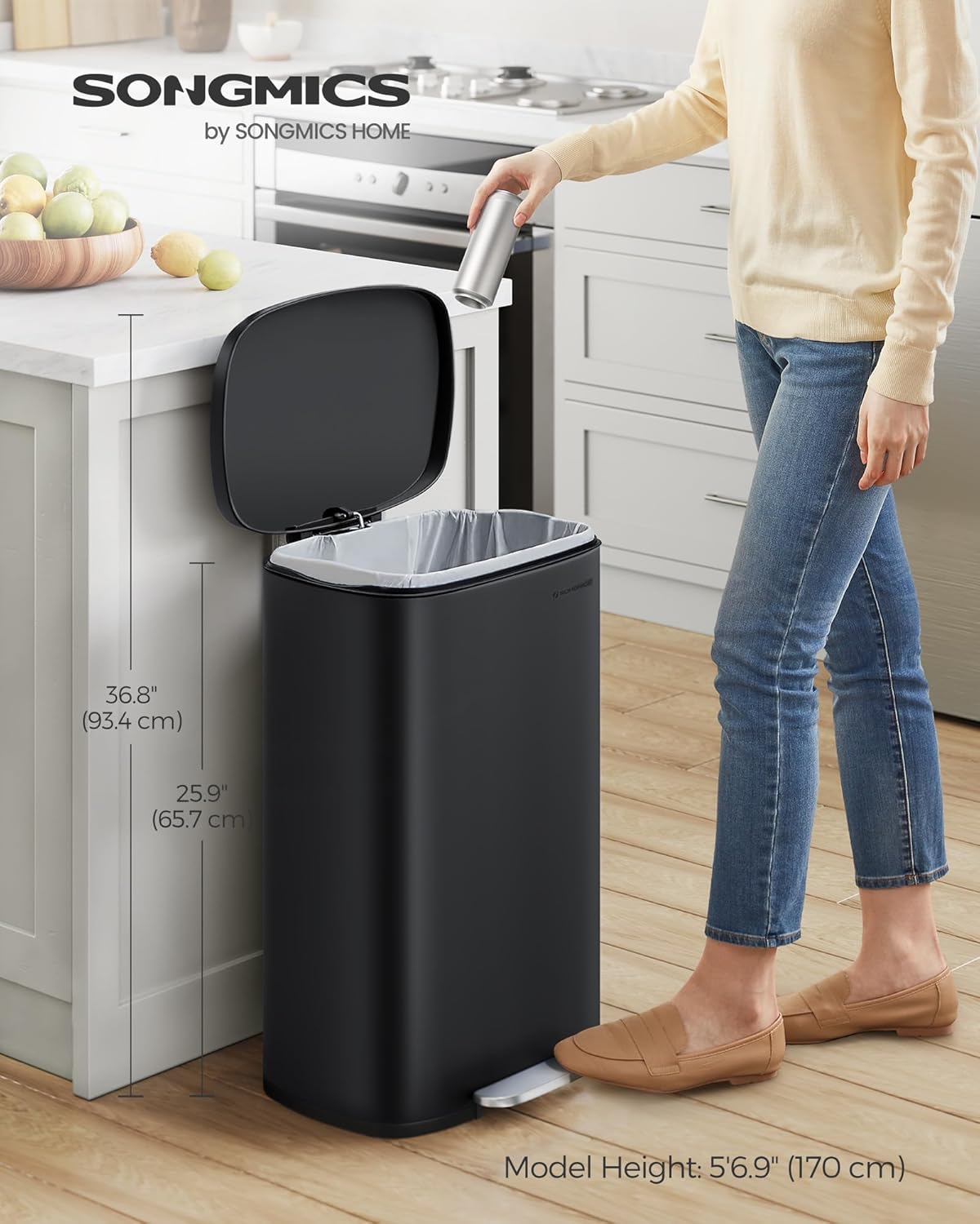 SONGMICS 13 Gallon (50 L) Trash Can, Stainless Steel Kitchen Garbage Can, Recycling or Waste Bin, Soft Close, Step-On Pedal, Removable Inner Bucket, Black