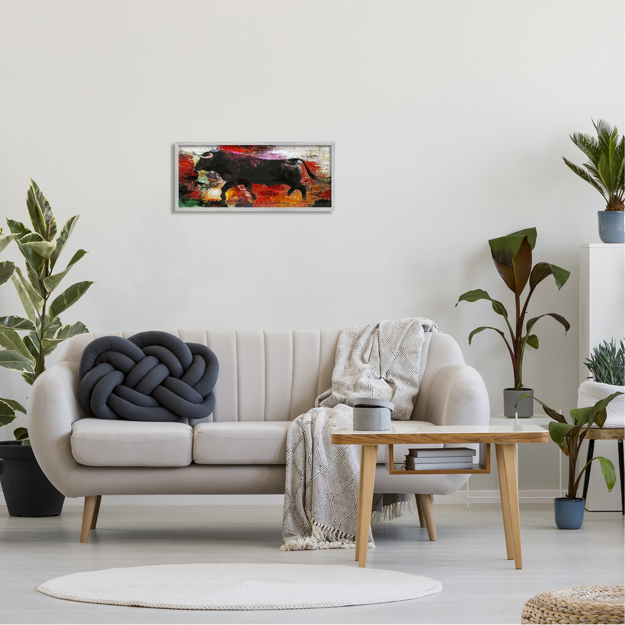 Stupell Industries Layered Street Style Racing Bull Vivid Red Splatter Painting Gray Framed Art Print Wall Art, Design by Design Fabrikken