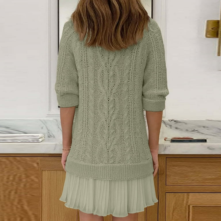 NANAIQ Women's Warm Twist-Knit Sweater Dress with an Elegant Chiffon Pleated Hem Perfect for Fall and Winter Brown XL NANAIQ Women's Warm Twist-Knit Sweater Dress with an Elegant Chiffon Pleated Hem Perfect for Fall and Winter Brown XL