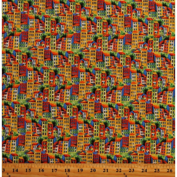 Cotton City Buildings Portofino Buildings Multi-Color Cotton Fabric Print by the Yard (12099021)