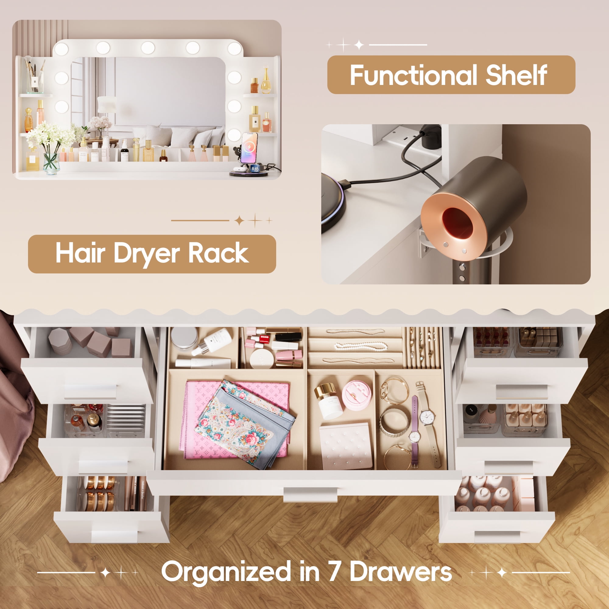 Furmax Vanity Set with Large Mirror & Adjustable Lights, Makeup Vanity Table with 7 Drawers & Open Shelves Vanity Desk for Bedroom, White