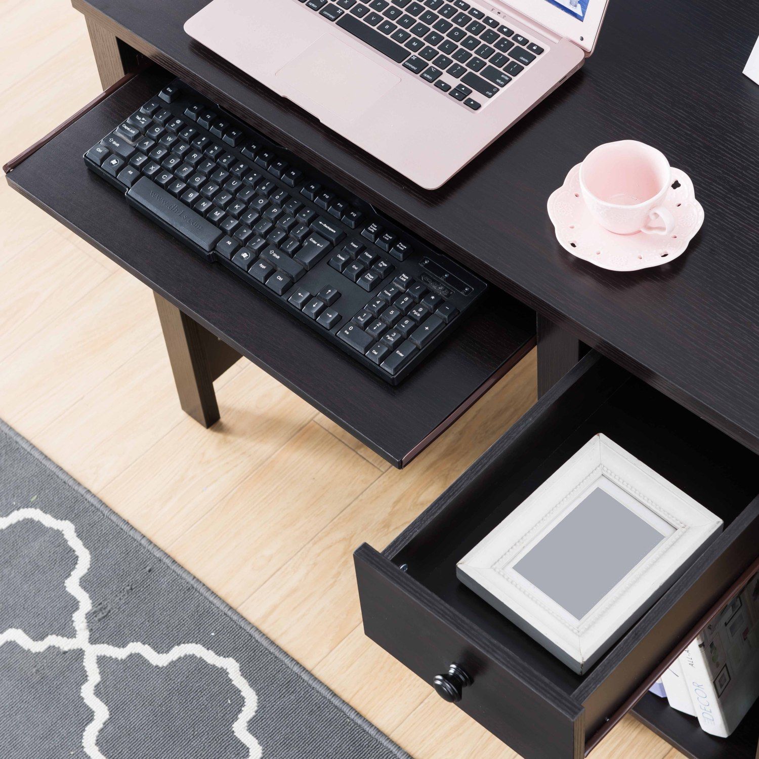 Compact Student Desk and Home Office Writing Desk with Keyboard Drawer, Storage Drawer, Shelf, 39 in Wide Wood Desk