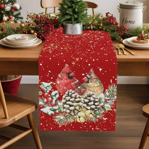 Table Runner 13x70in Inches Long, Christmas Cardinal Bird and Pine ConeLinen Washable Dresser Scarf Green Leaves Gold Dot on RedKitchen Dinning Tablerunners for Holiday/Party/Home Tables Decor