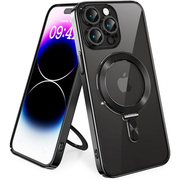 for iPhone 14 Pro Max Phone Case with Magnetic Invisible Stand [Compatible with MagSafe][Crystal Clear PC Back] Non-Slip Soft Bumber with Ring Holder for Women Men 6.7 inch-Black