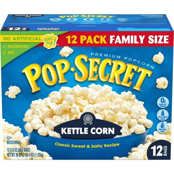 Pack of 2 Pop Secret Popcorn, Kettle Corn Microwave Popcorn, 3 oz Sharing Bags, 12 Ct