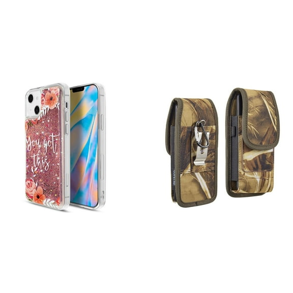 Liquid Glitter Case for iPhone 14 and Belt Holster Pouch (You Got This/Camo)