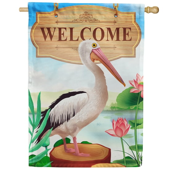 America Forever Welcome Pelican Summer House Flag 28 x 40 inches Exotic Bird Lake Lotus Pink Flowers Double Sided Seasonal Yard Outdoor Decorative SummerTime House Flag