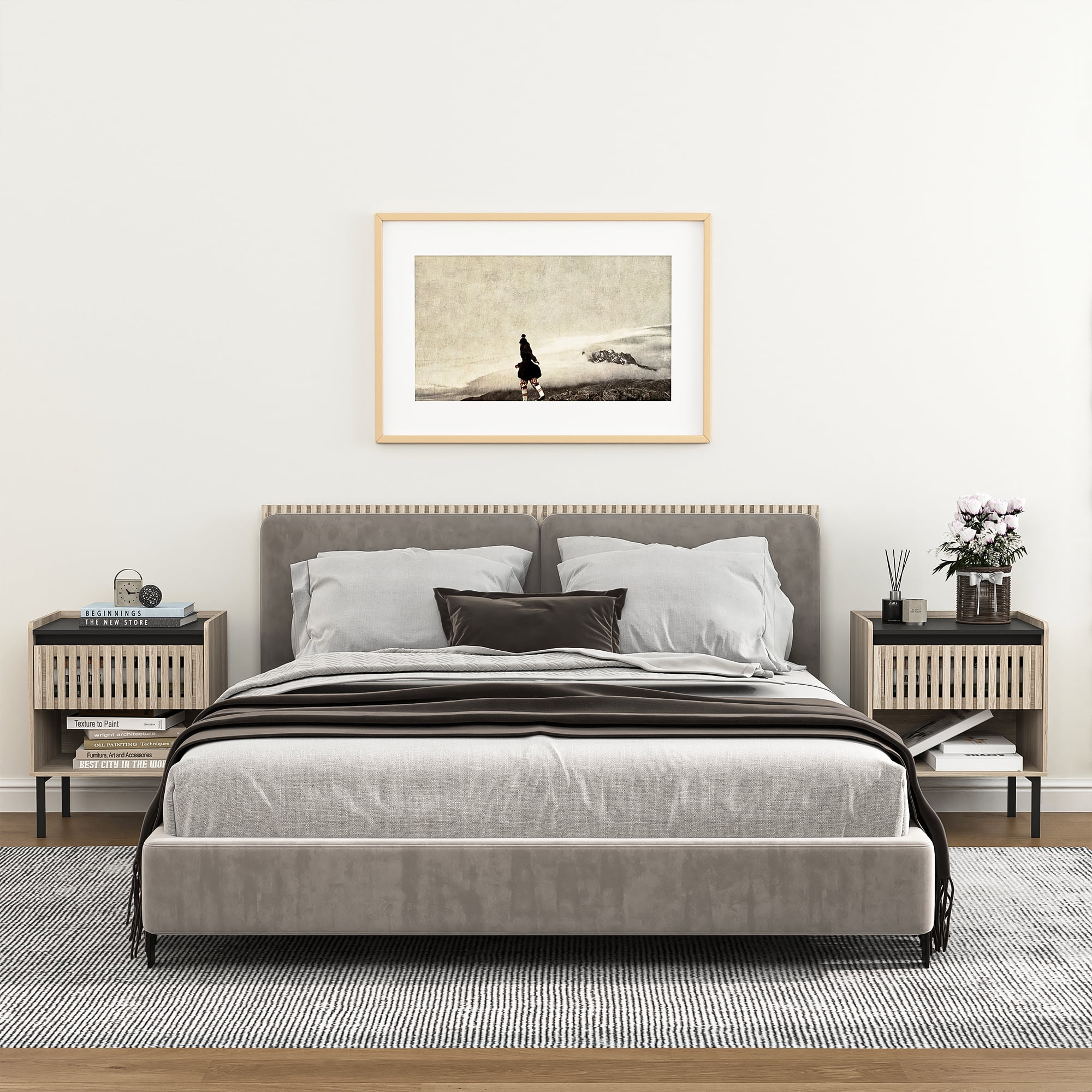 Demi Bonn Set of 2 Modern Nightstand with Minimalist Iron Foot Design, Vertical Stripe Elements, Bedside Cabinets for Contemporary Homes, Beige